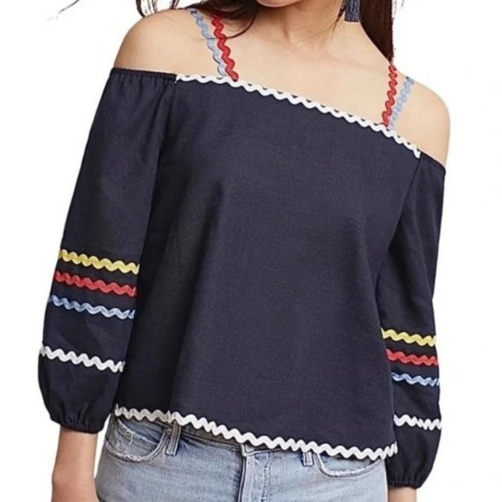 Anthropologie Maeve Rainbow Ric Rac Ribbon Off Shoulder Top